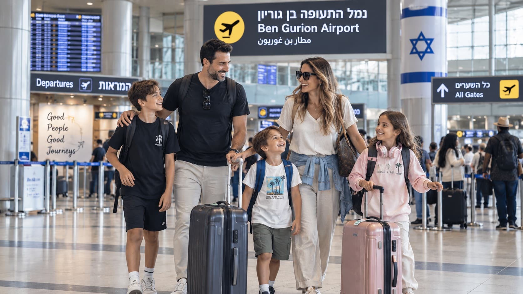 משפחה נוסעת עם מזוודות בשדה התעופה